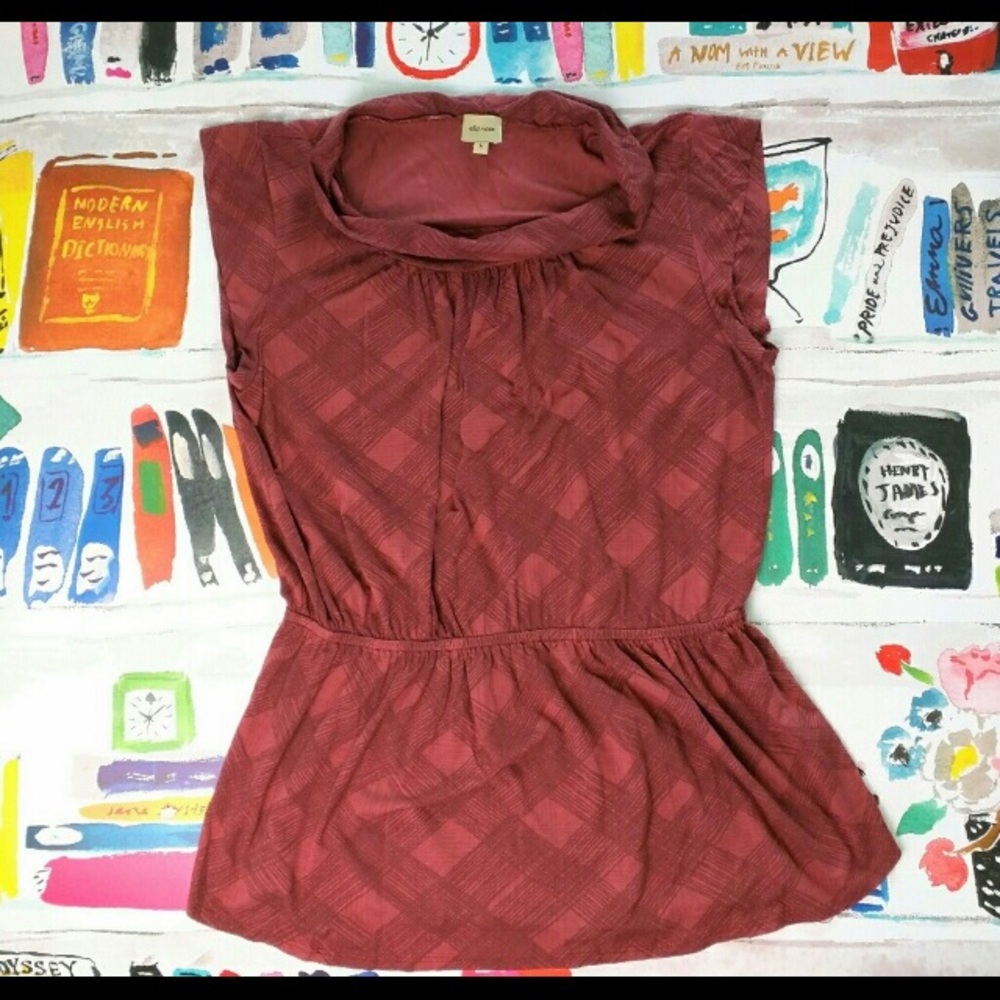 Ella Moss Red plaid Print Peplum Mock Neck Top